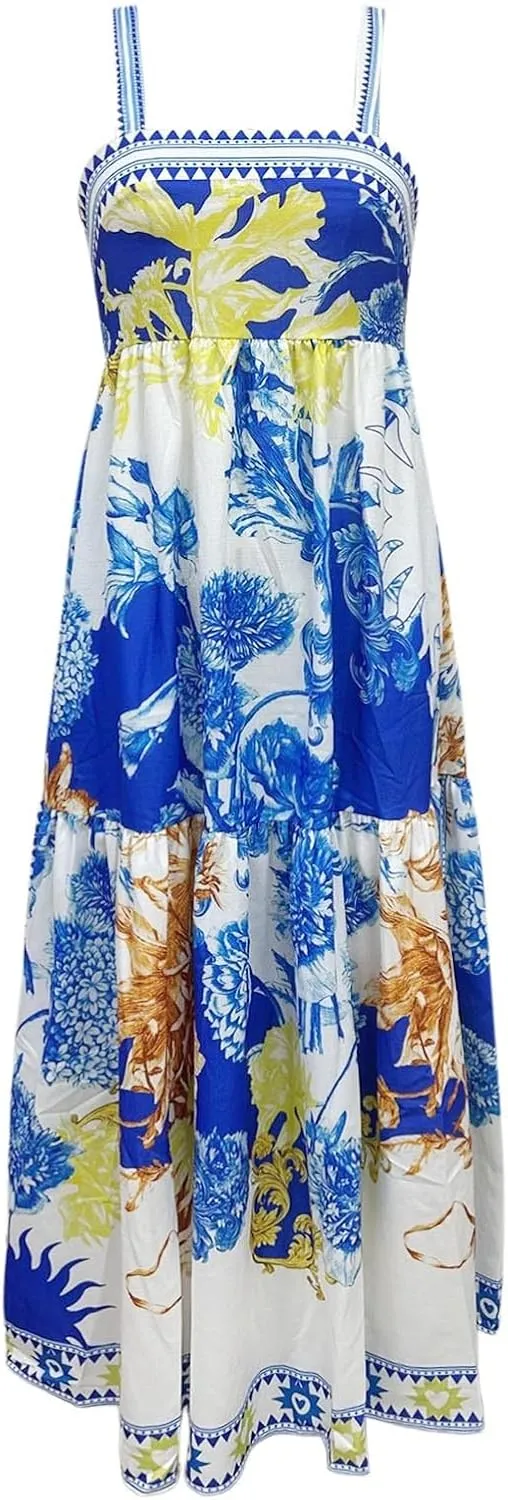 Floral Maxi Dress for Women Boho Dress Y2k Spaghetti Strap Long Flowy Dresses 2025 Casual Summer Beach Sundress