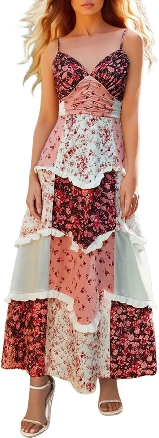 Floral Maxi Dress for Women Boho Dress Y2k Spaghetti Strap Long Flowy Dresses 2025 Casual Summer Beach Sundress