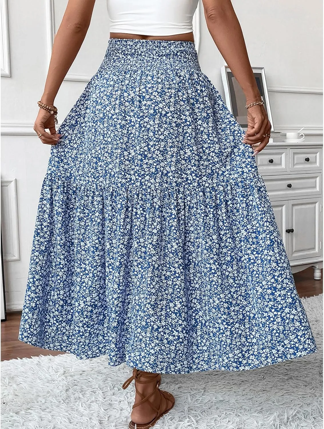 Floral Maxi Skirt for Women Tiered Elastic High Waisted Skirts Casual Summer Vacation A-Line Flowy Swing Long Skirts