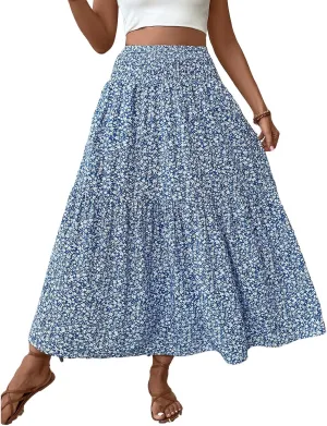 Floral Maxi Skirt for Women Tiered Elastic High Waisted Skirts Casual Summer Vacation A-Line Flowy Swing Long Skirts