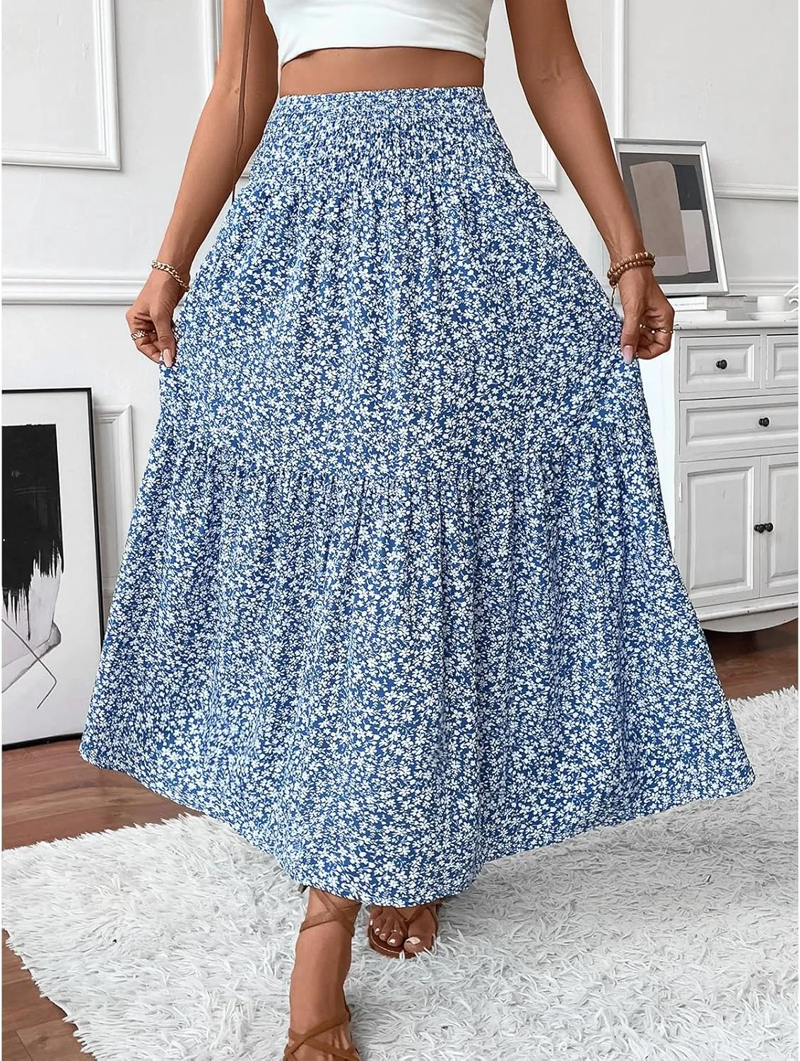 Floral Maxi Skirt for Women Tiered Elastic High Waisted Skirts Casual Summer Vacation A-Line Flowy Swing Long Skirts