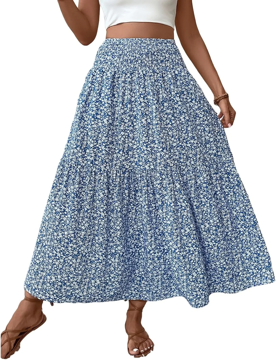 Floral Maxi Skirt for Women Tiered Elastic High Waisted Skirts Casual Summer Vacation A-Line Flowy Swing Long Skirts