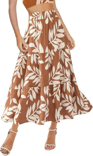 Floral Maxi Skirts for Women Trendy High Waisted Tiered Flowy Boho Long Skirt Cute Ruffle Pleated Beach A Line Skirt
