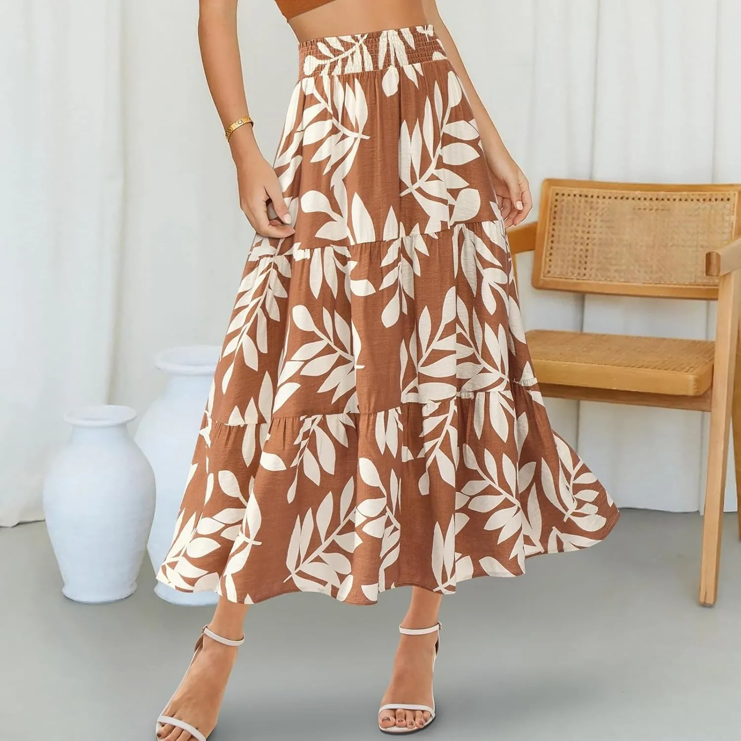 Floral Maxi Skirts for Women Trendy High Waisted Tiered Flowy Boho Long Skirt Cute Ruffle Pleated Beach A Line Skirt