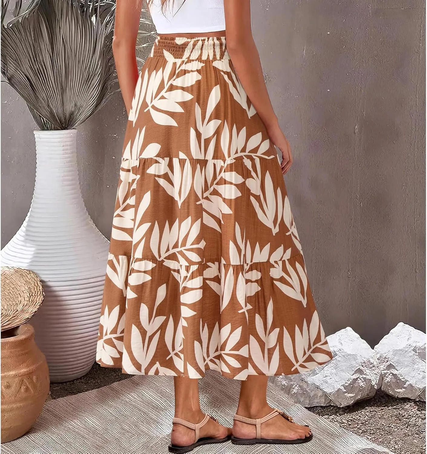 Floral Maxi Skirts for Women Trendy High Waisted Tiered Flowy Boho Long Skirt Cute Ruffle Pleated Beach A Line Skirt