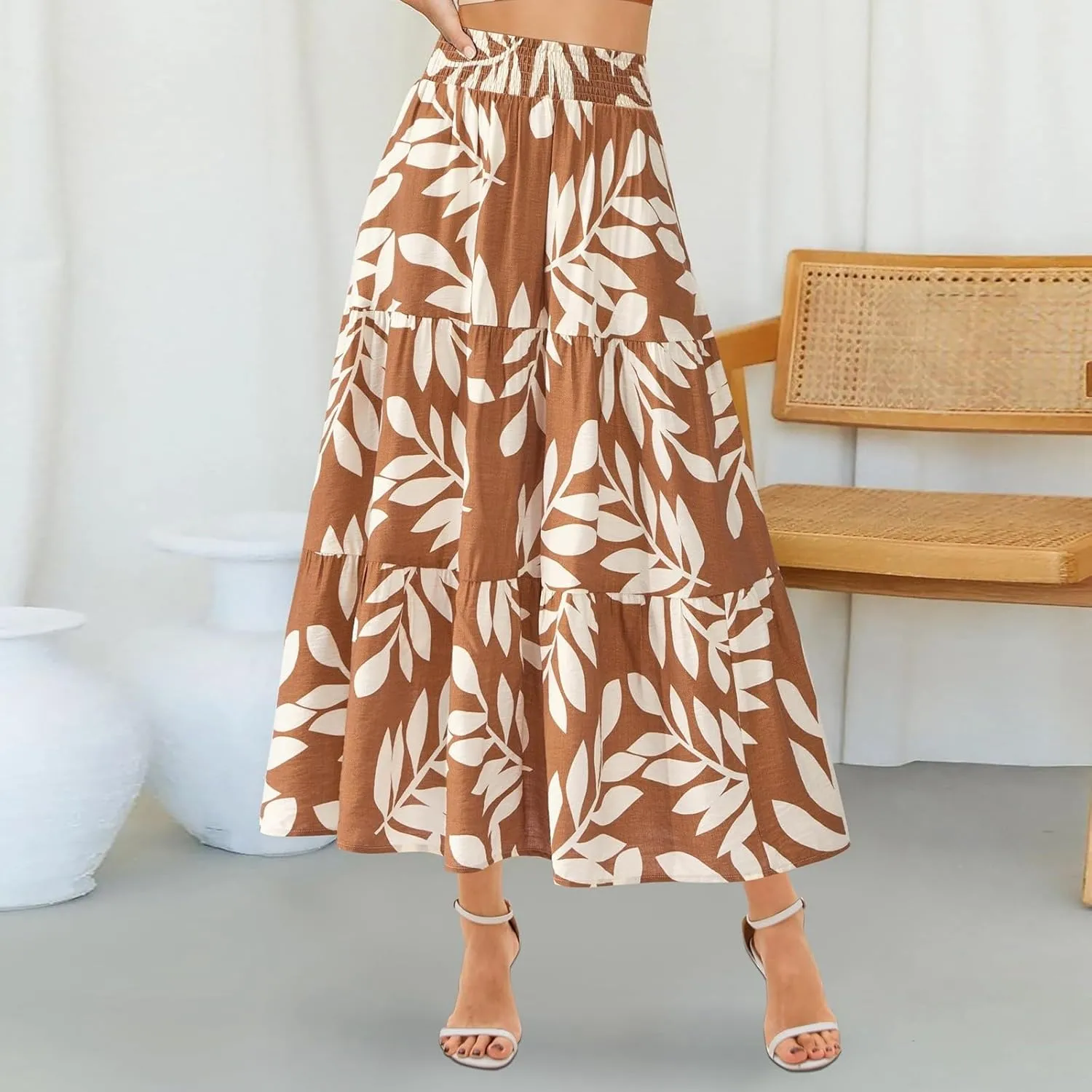 Floral Maxi Skirts for Women Trendy High Waisted Tiered Flowy Boho Long Skirt Cute Ruffle Pleated Beach A Line Skirt