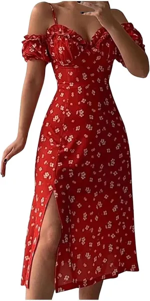 Floral Midi Corset Dress Boho Flowy Slit Lace Up Summer Dresses for Women Spaghetti Strap Dress Going Out Sundress