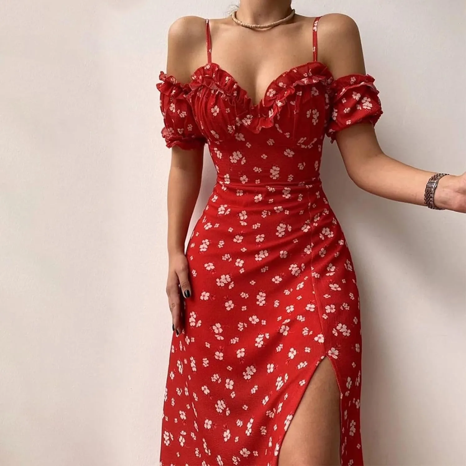 Floral Midi Corset Dress Boho Flowy Slit Lace Up Summer Dresses for Women Spaghetti Strap Dress Going Out Sundress