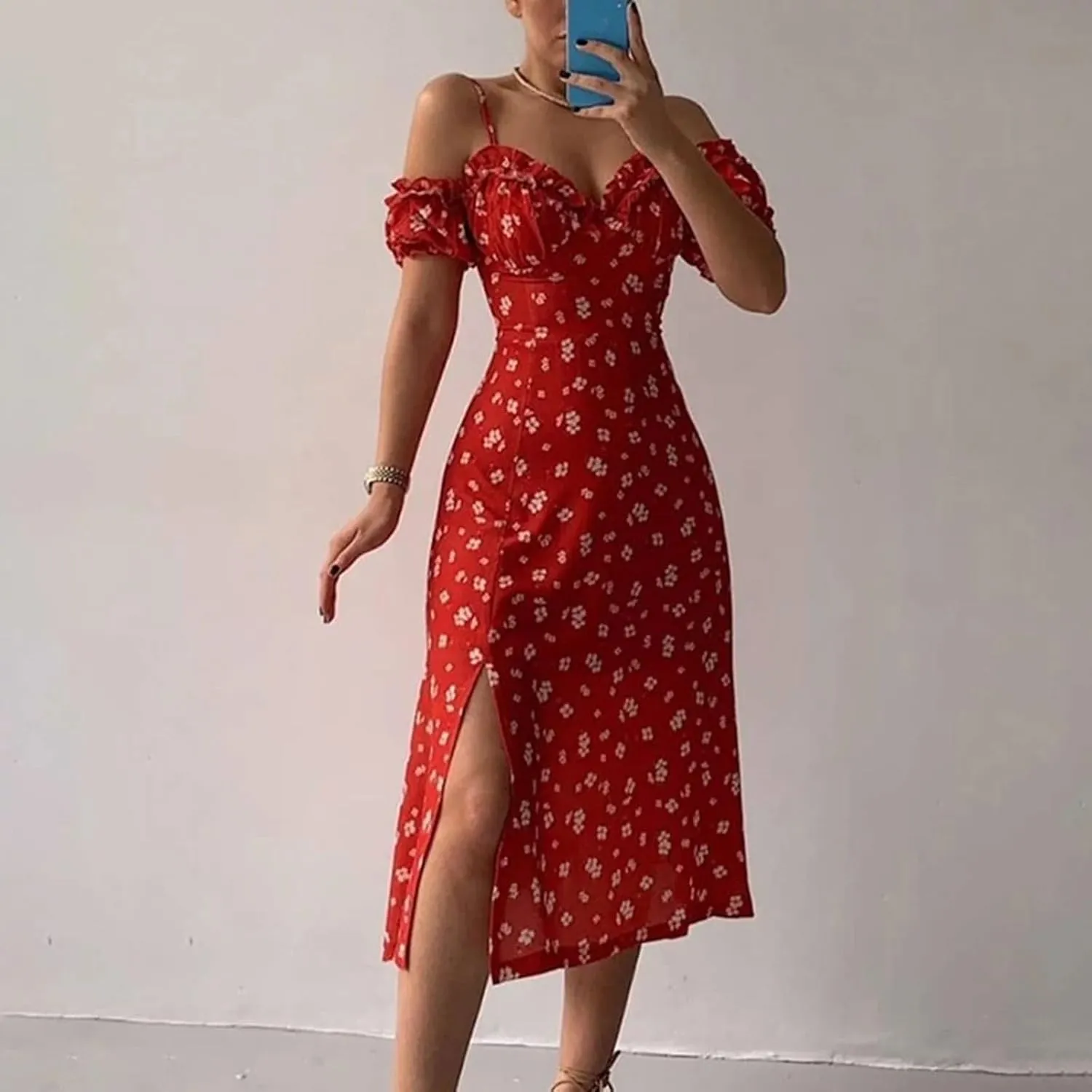 Floral Midi Corset Dress Boho Flowy Slit Lace Up Summer Dresses for Women Spaghetti Strap Dress Going Out Sundress
