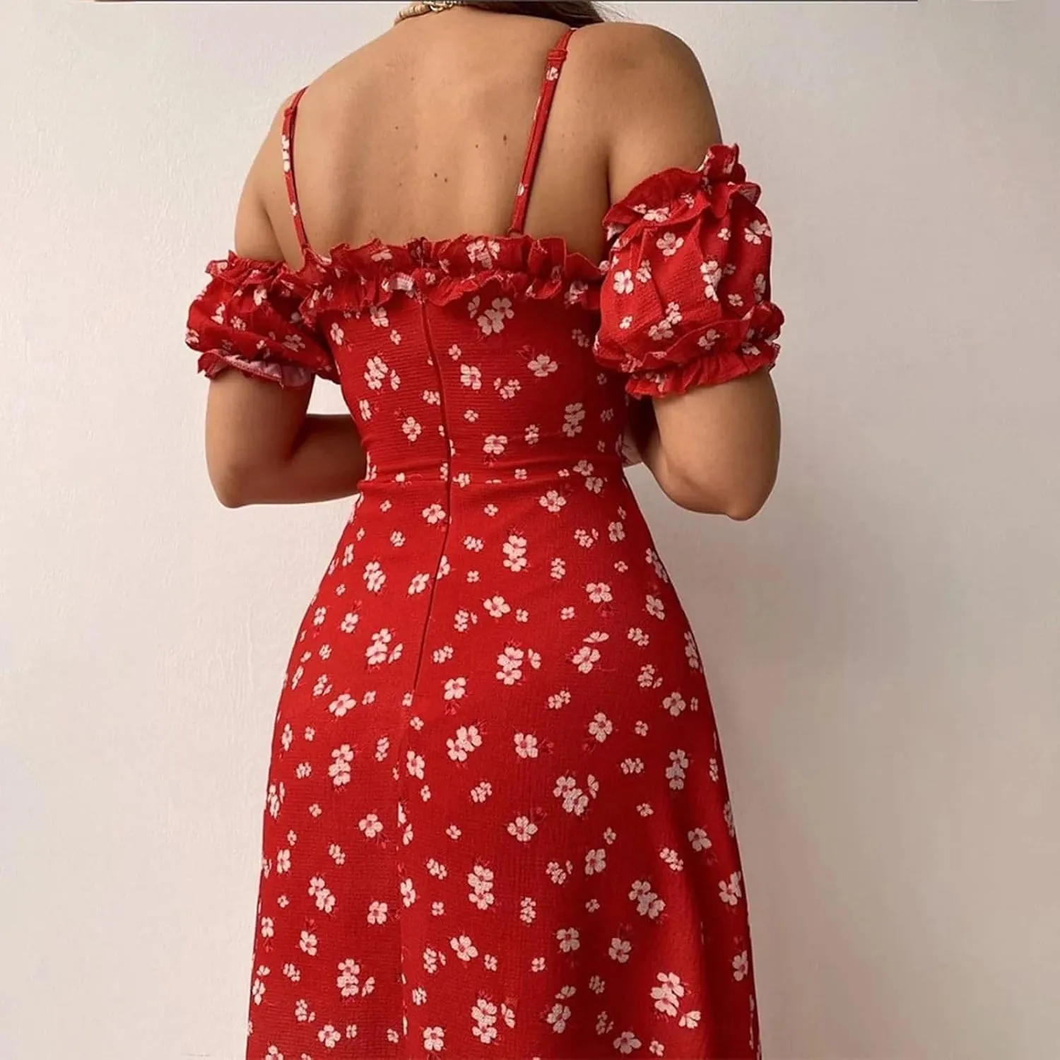 Floral Midi Corset Dress Boho Flowy Slit Lace Up Summer Dresses for Women Spaghetti Strap Dress Going Out Sundress