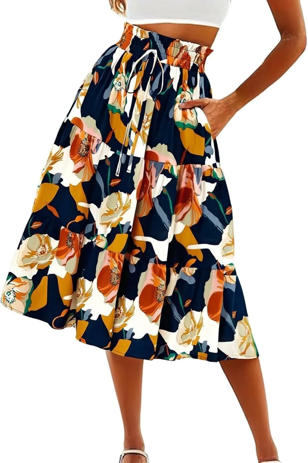 Floral Midi Skirts for Women Drawstring Waist Ruffle Hem Tiered Flowy Long Skirt A Line Boho Pleated Floral Skirt