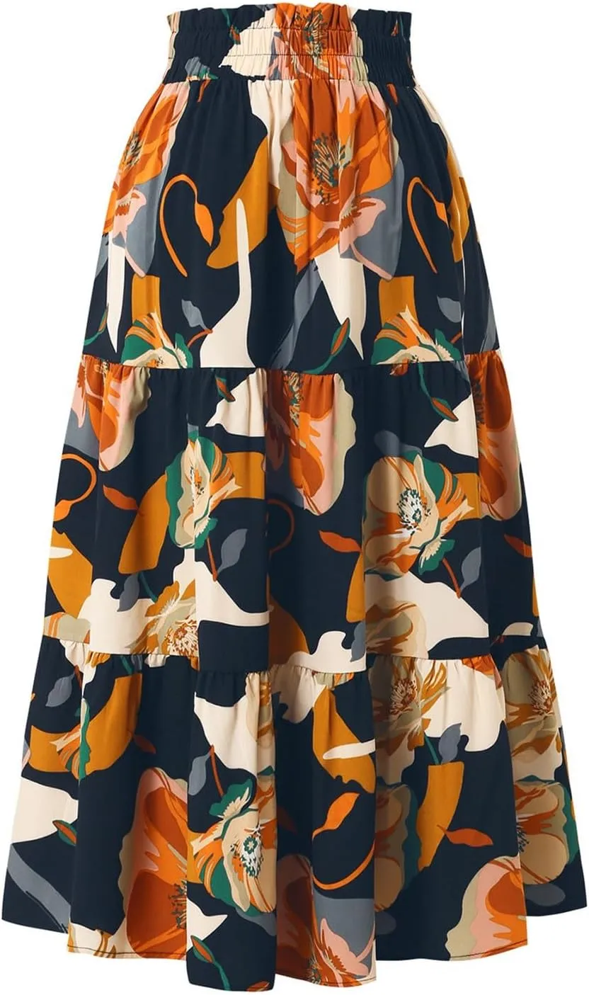 Floral Midi Skirts for Women Drawstring Waist Ruffle Hem Tiered Flowy Long Skirt A Line Boho Pleated Floral Skirt