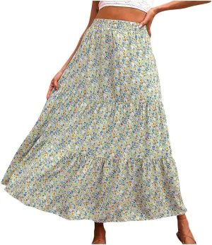 Floral Skirts for Women High Waist Flared Maxi Skirts Summer Vacation Beach Boho Flower Print Ruffle Swing Skirt