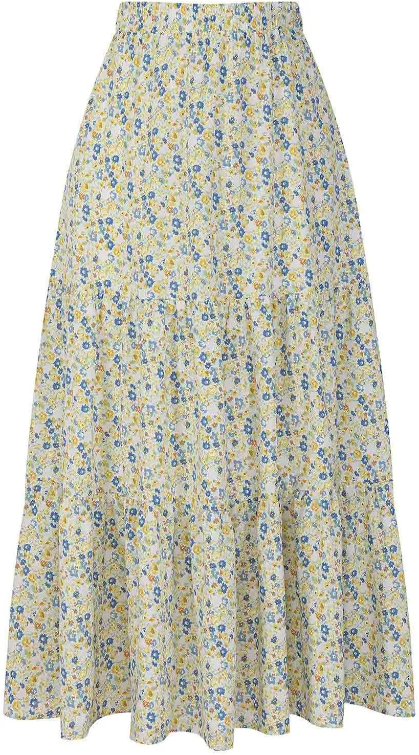 Floral Skirts for Women High Waist Flared Maxi Skirts Summer Vacation Beach Boho Flower Print Ruffle Swing Skirt