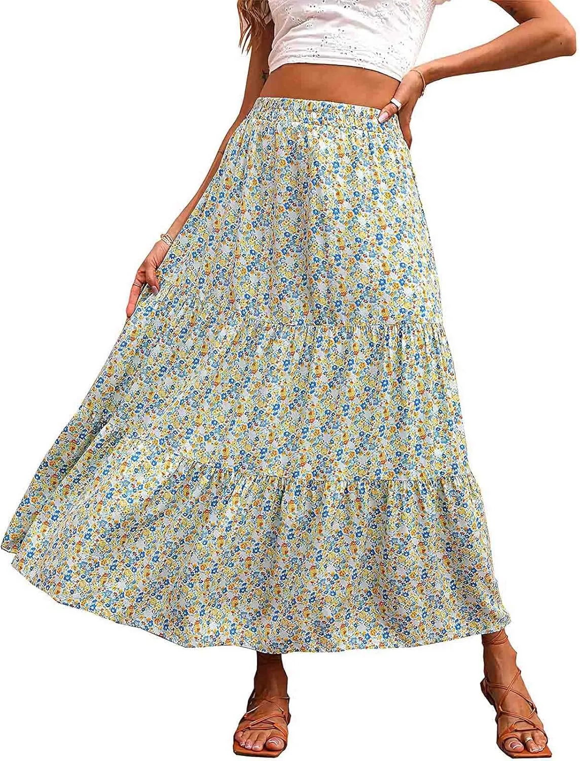 Floral Skirts for Women High Waist Flared Maxi Skirts Summer Vacation Beach Boho Flower Print Ruffle Swing Skirt