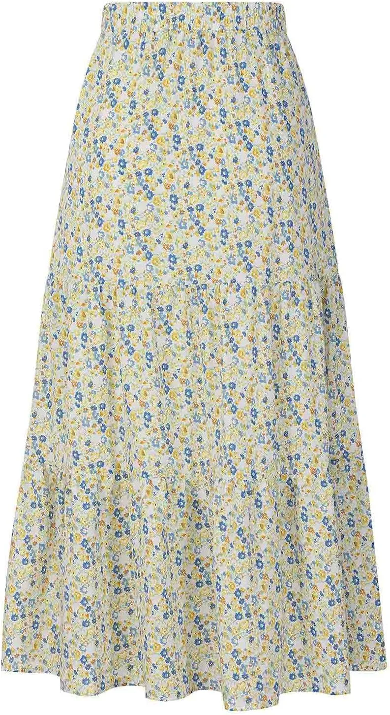 Floral Skirts for Women High Waist Flared Maxi Skirts Summer Vacation Beach Boho Flower Print Ruffle Swing Skirt