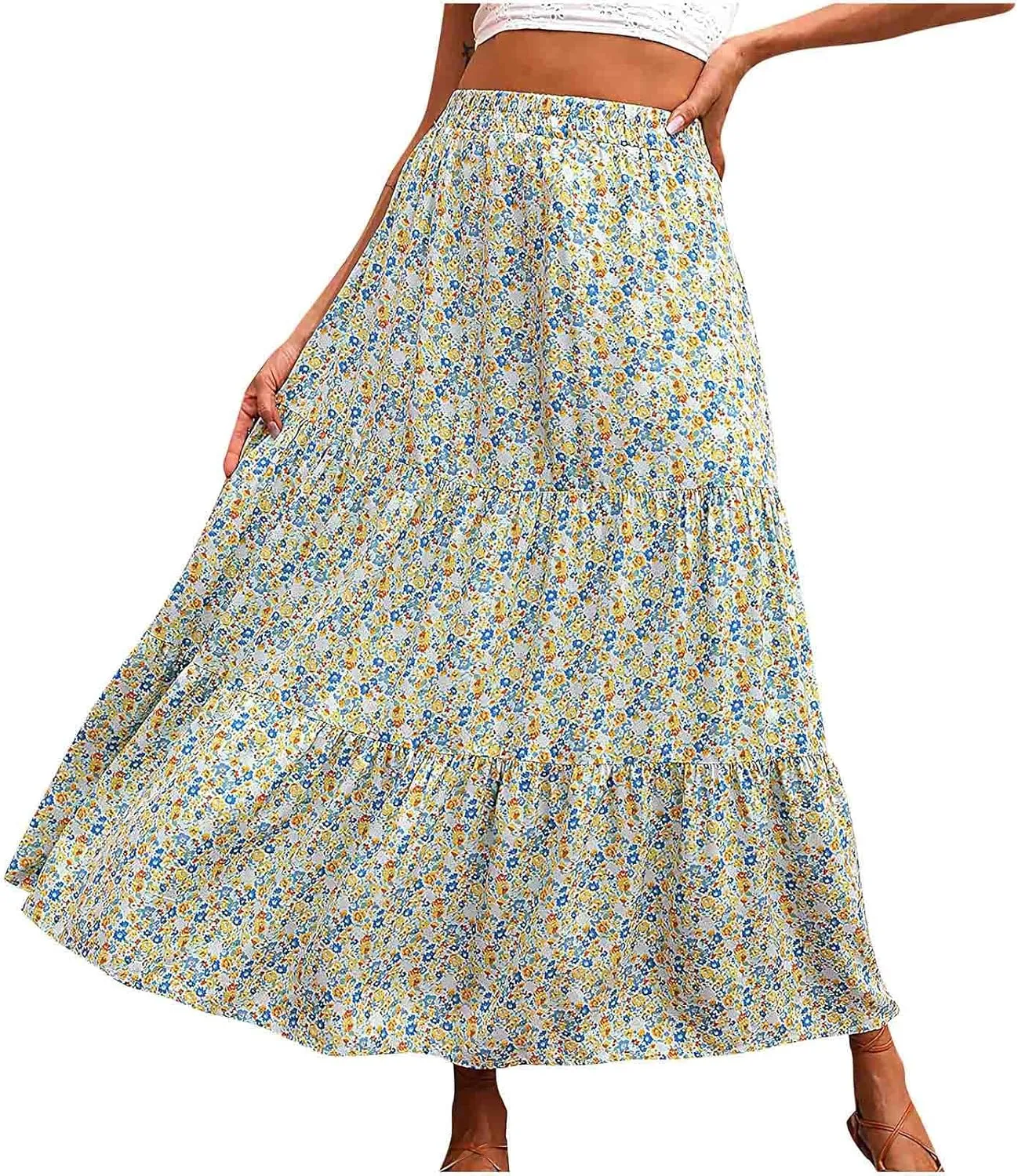 Floral Skirts for Women High Waist Flared Maxi Skirts Summer Vacation Beach Boho Flower Print Ruffle Swing Skirt