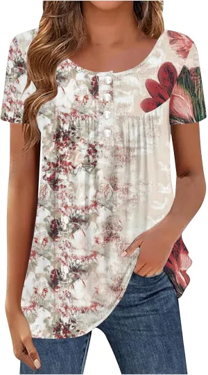 Floral Tops for Women 2025 Short Sleeve Boho Summer Tshirt Dressy Casual Trendy Blouse Ladies Boho Hawaiian Shirts