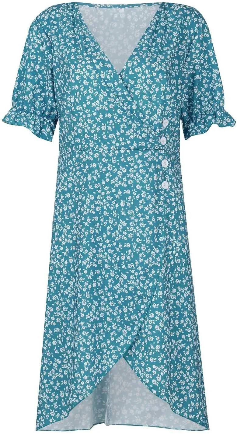 Floral Vacation Dresses for Women: Trendy V-Neck Ruched Short/Long Sleeve Dress - Casual Fashion for Spring/Summer