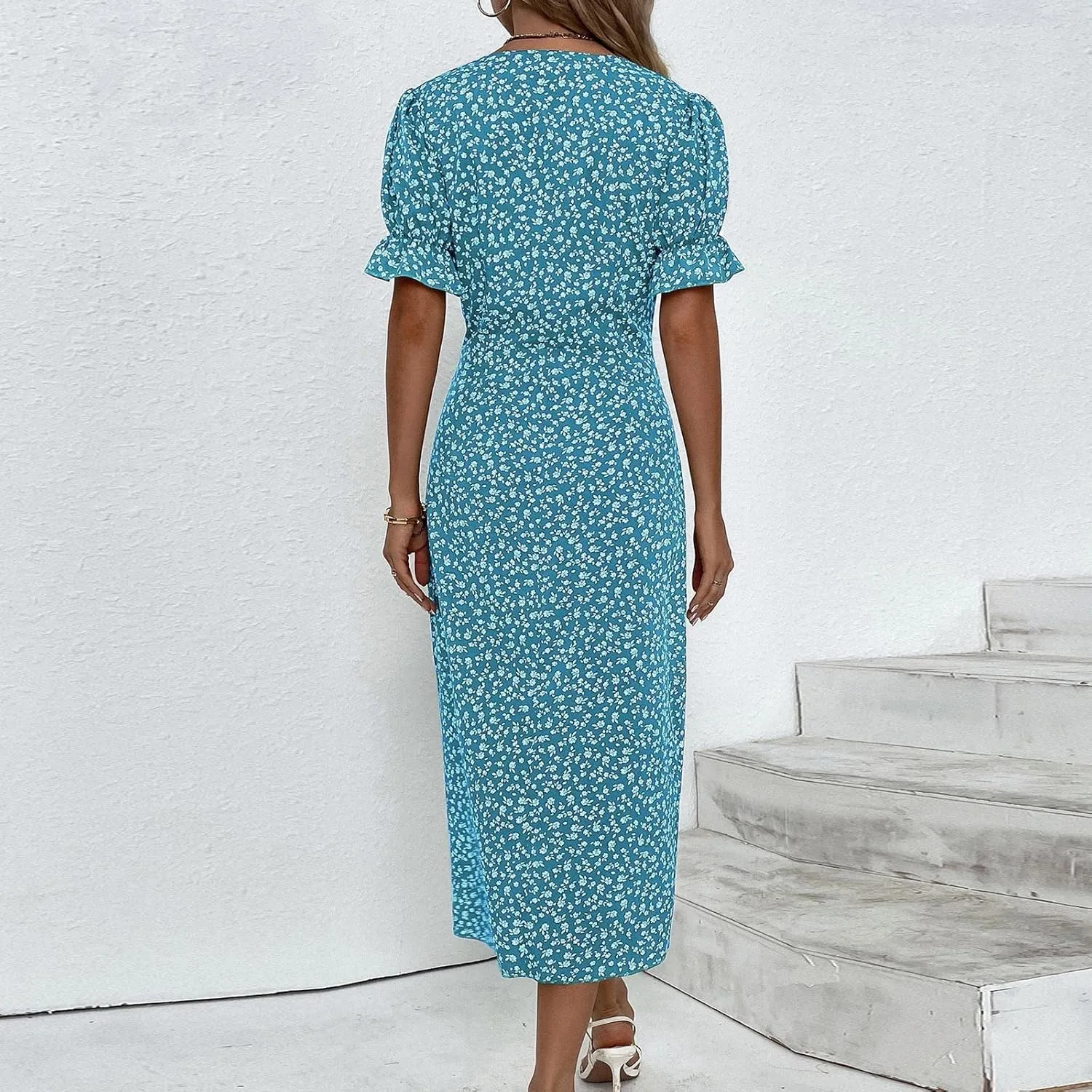 Floral Vacation Dresses for Women: Trendy V-Neck Ruched Short/Long Sleeve Dress - Casual Fashion for Spring/Summer