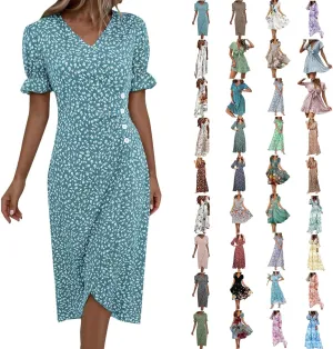 Floral Vacation Dresses for Women: Trendy V-Neck Ruched Short/Long Sleeve Dress - Casual Fashion for Spring/Summer