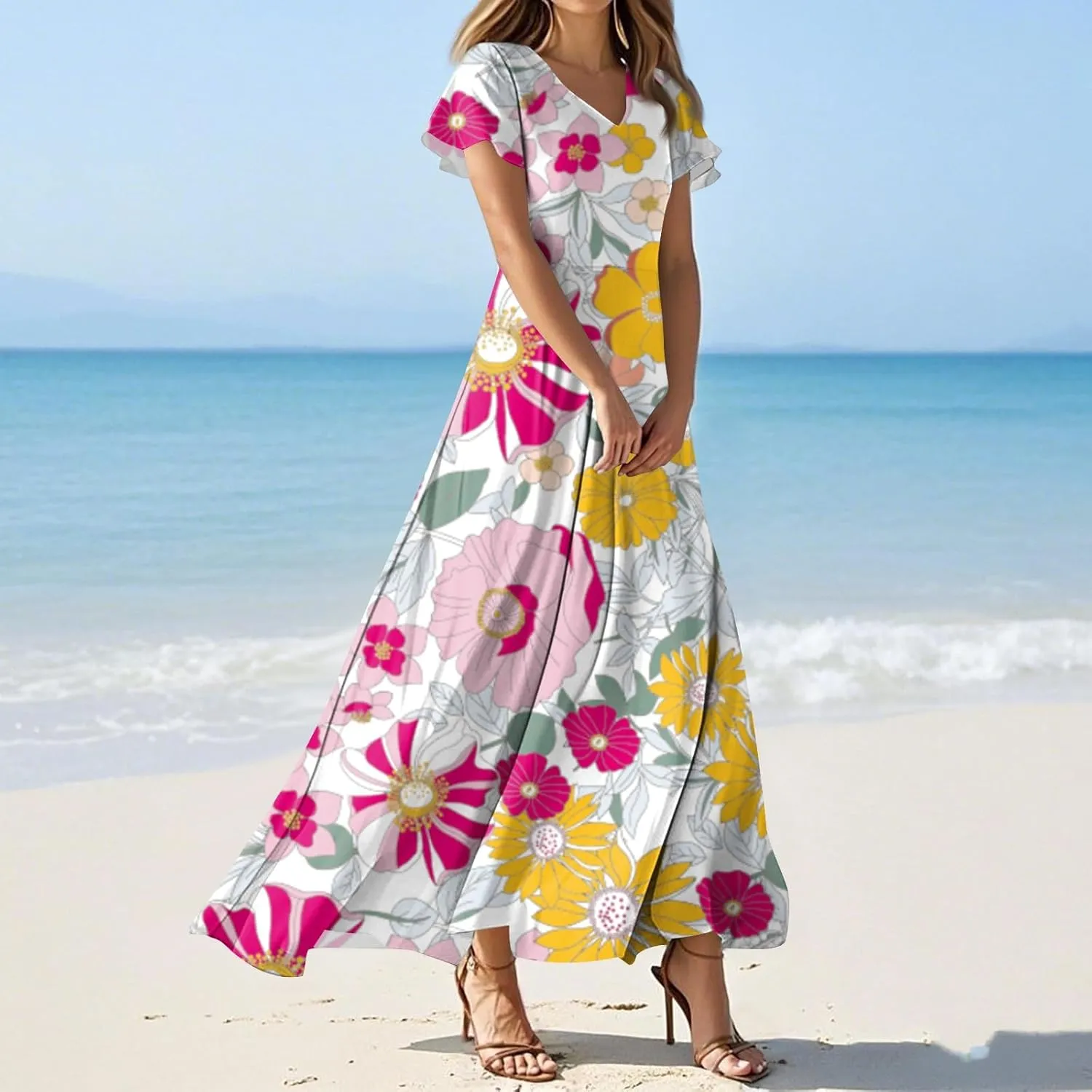 Floral Wedding Guest Dresses for Women Casual Boho V-Neck Ruffle Short Sleeve Aline Swing Long Dress,XS-2XL