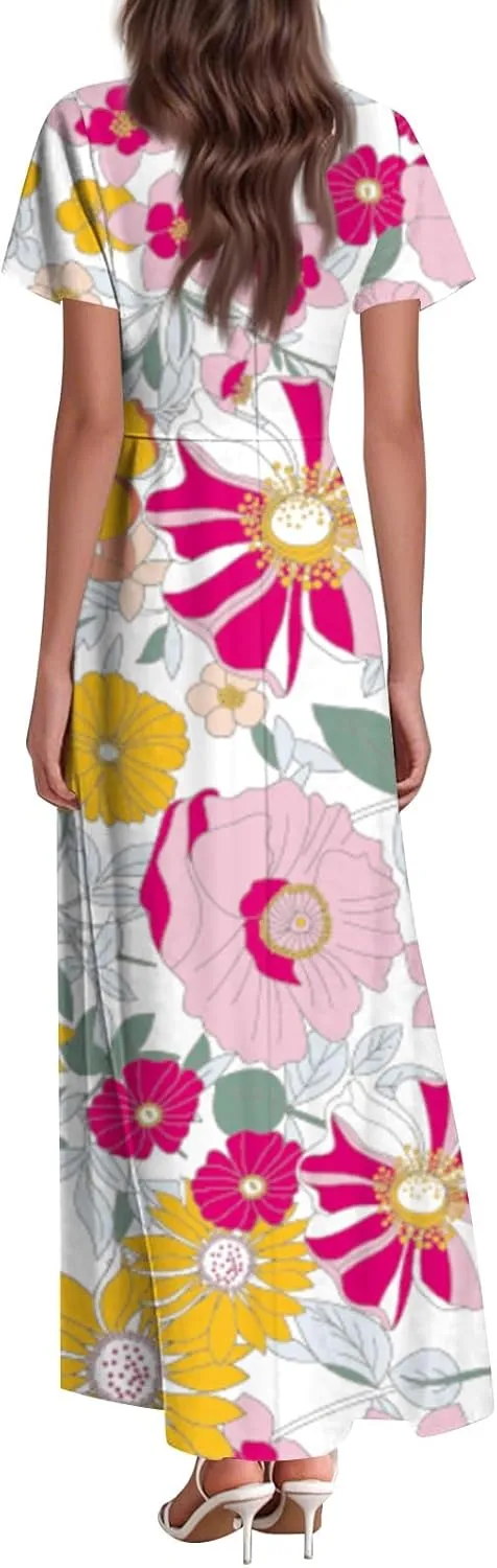 Floral Wedding Guest Dresses for Women Casual Boho V-Neck Ruffle Short Sleeve Aline Swing Long Dress,XS-2XL