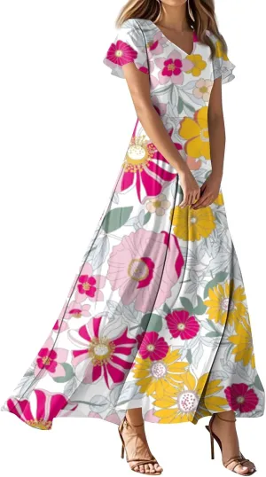 Floral Wedding Guest Dresses for Women Casual Boho V-Neck Ruffle Short Sleeve Aline Swing Long Dress,XS-2XL