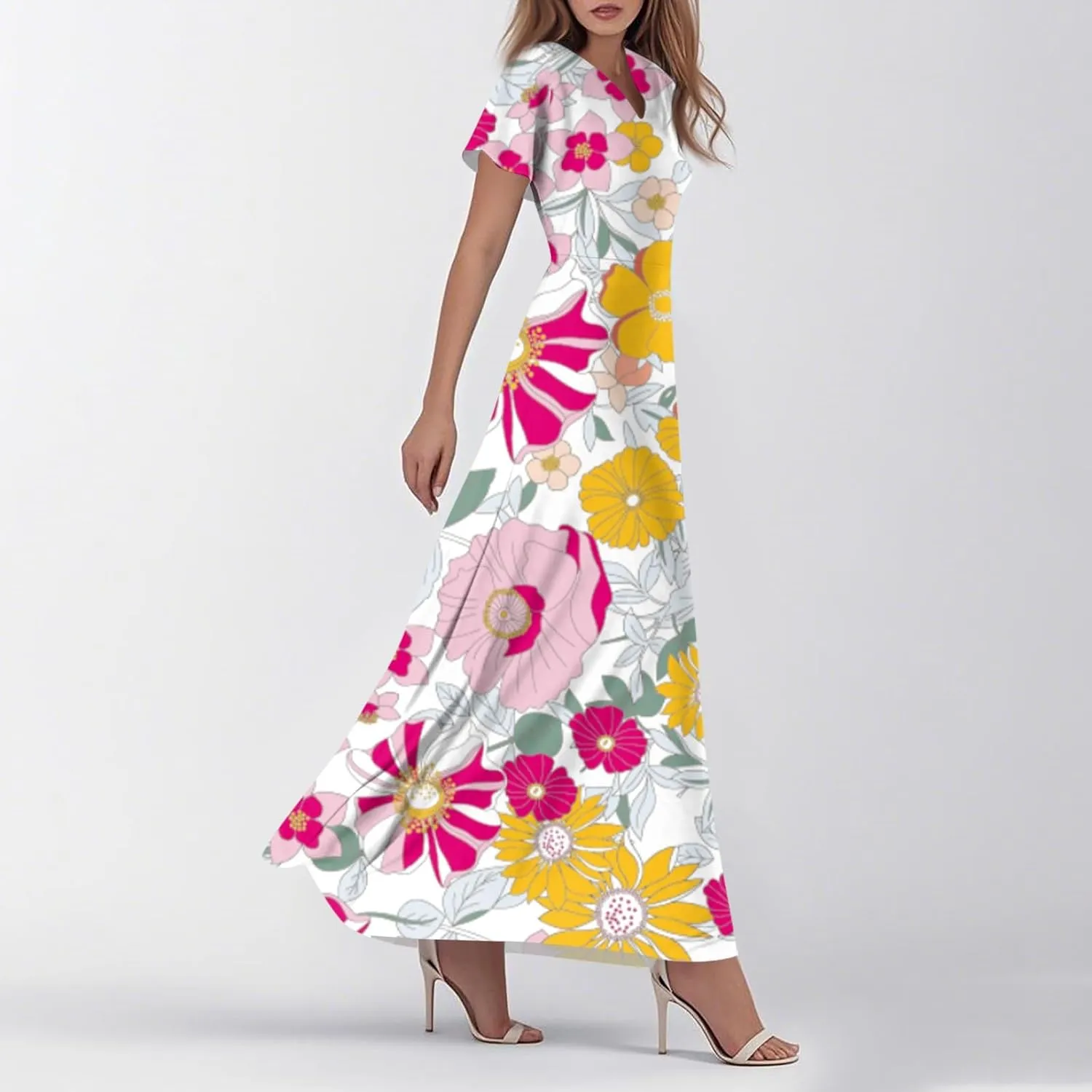 Floral Wedding Guest Dresses for Women Casual Boho V-Neck Ruffle Short Sleeve Aline Swing Long Dress,XS-2XL