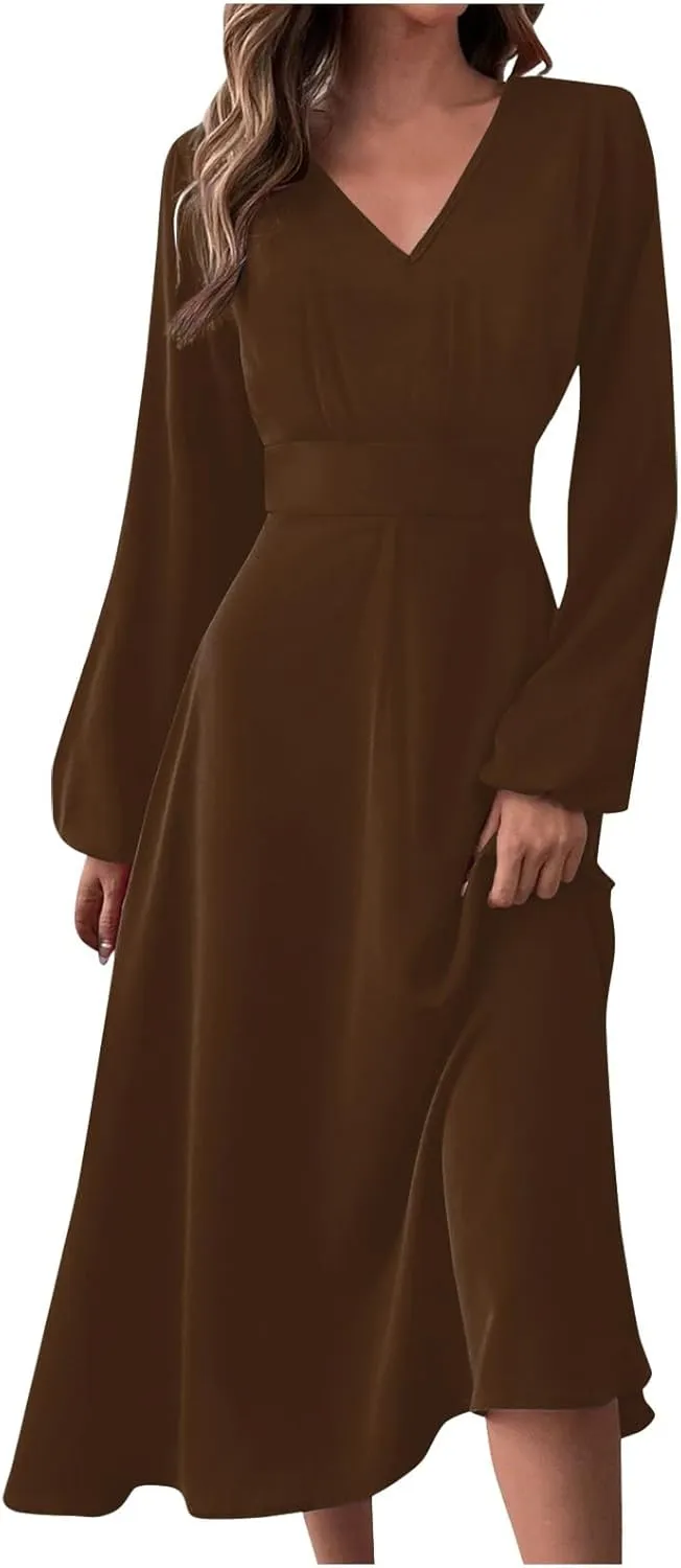 Formal Long Sleeve Midi Dress Sexy V Neck Fall Winter Elegant Vintage Floral Cute Trendy Smocked Flowy Party Dress
