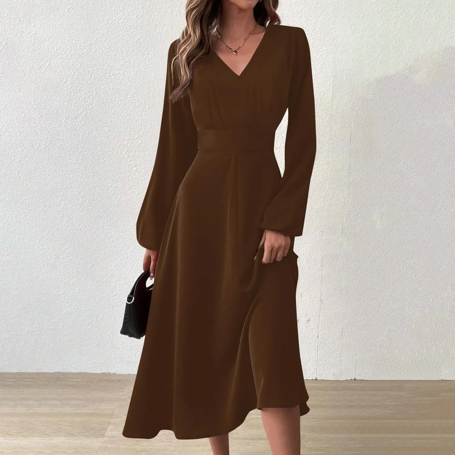 Formal Long Sleeve Midi Dress Sexy V Neck Fall Winter Elegant Vintage Floral Cute Trendy Smocked Flowy Party Dress