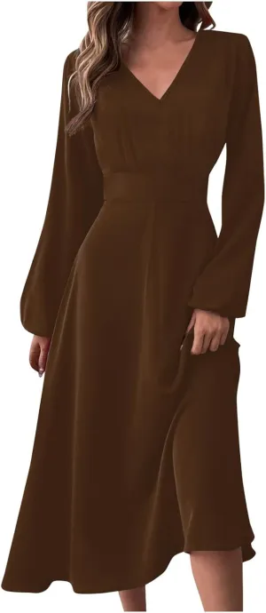 Formal Long Sleeve Midi Dress Sexy V Neck Fall Winter Elegant Vintage Floral Cute Trendy Smocked Flowy Party Dress