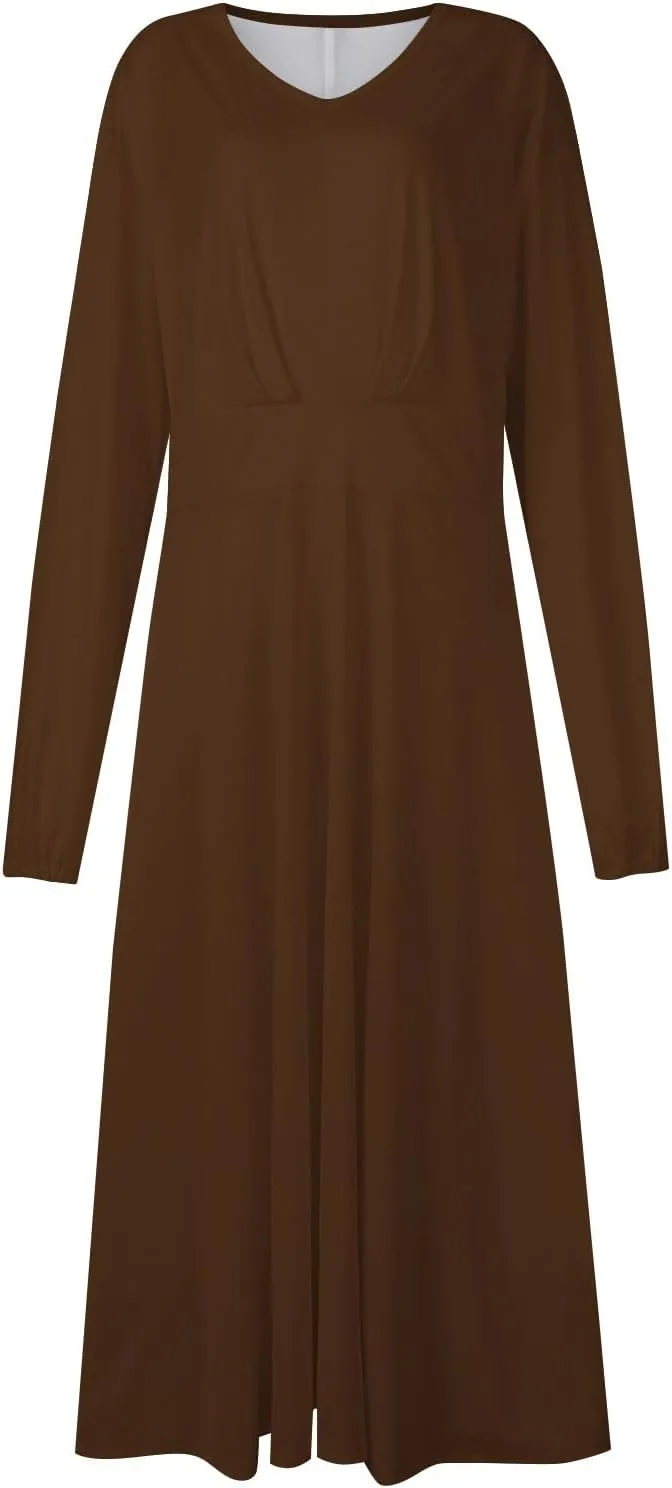 Formal Long Sleeve Midi Dress Sexy V Neck Fall Winter Elegant Vintage Floral Cute Trendy Smocked Flowy Party Dress