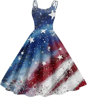 Fourth of July Dresses for Women Midi Red White and Blue Dress Sleeveless Patriotic Dresses Holiday Festival Dress