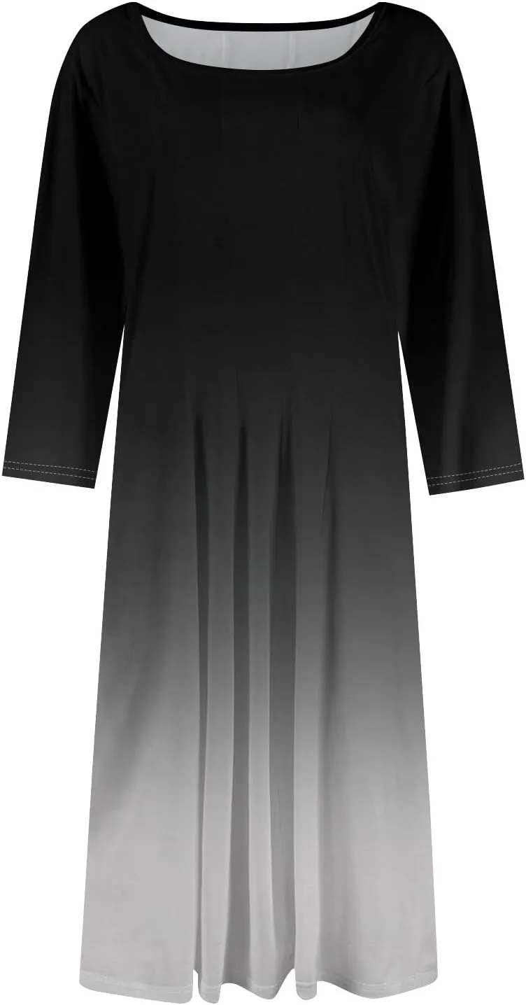 FQZWONG Spring Dresses for Women 2025 3/4 Sleeve Summer Sundresses Trendy Crew Neck Vacation Beach Midi Dress with Pockets