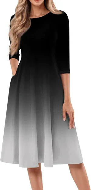 FQZWONG Spring Dresses for Women 2025 3/4 Sleeve Summer Sundresses Trendy Crew Neck Vacation Beach Midi Dress with Pockets