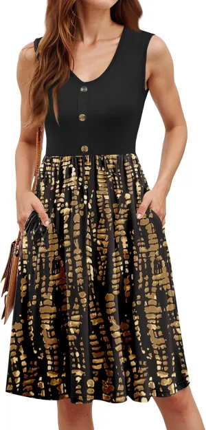 FQZWONG Summer Dresses for Women 2025 Casual Sleeveless V Neck Midi Sundresses Elegant Vacation Beach Dress with Pockets