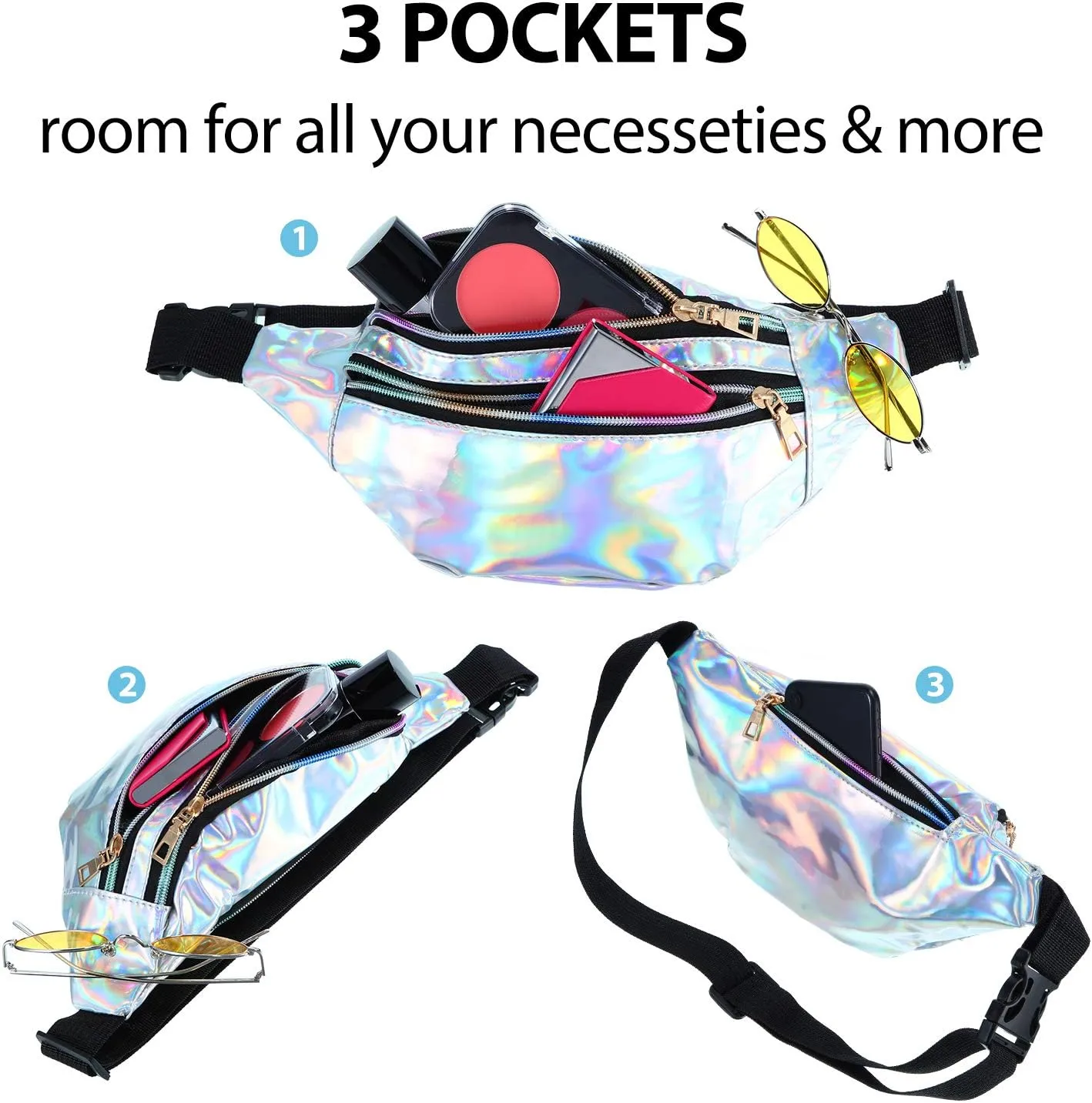 Frienda 2 Pieces Holographic Fanny Pack for Women Colorful Sport Waist Bag Pack