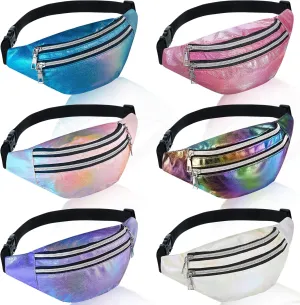 Frienda 6 Pieces Holographic Fanny Pack Shiny Waist Bag with Pouches and Adjustable Belt Waterproof Neon PU Waist Pack Waist Bag for Traveling Running Partying (Artsy Style)