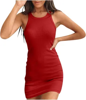 FZYLQY Sleeveless Ribbed Bodycon Mini Dress for Women Slim Fit Casual Tank Dress Stretchy Lightweight Summer Comfy Sundress