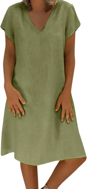 FZYLQY Womens Slim Dresses 2024 Ladies Summer Solid Cotton Linen Dress Short Sleeve V-Neck Dress Plus Size Mid-Calf Dress