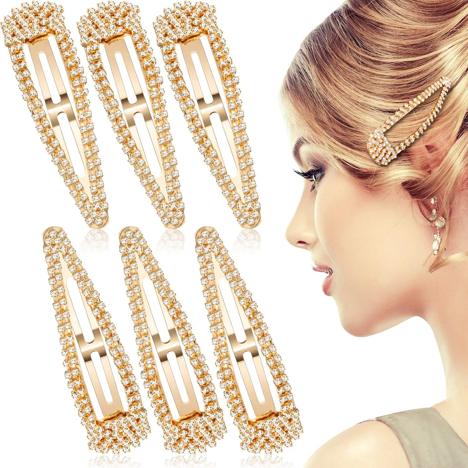 Geyoga 6 Pieces Rhinestone Snap Hair Clips 4 Inch Metal Hair Barrettes Hairpins Crystal for Women Wedding Accessories(Gold)
