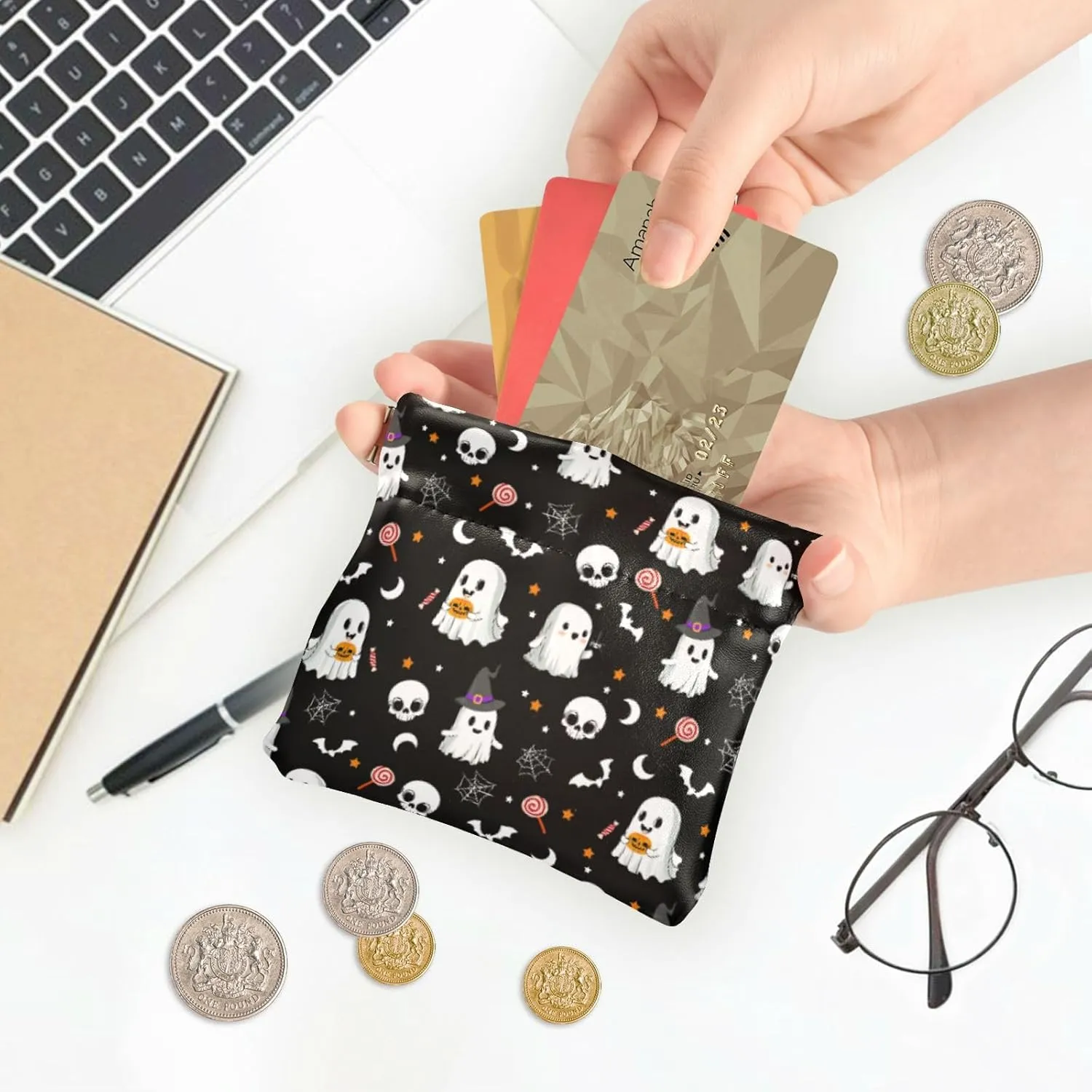 Ghost Squeeze Coin Purse PU Leather Change Purse Pouch Change Holder for Woman