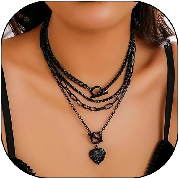 GIGB PBDK Layered Necklaces for Women Stackable Gothic Heart Coin Pendant Necklaces Adjustable Hip Hop Paperclip Cuban OT Clasp Choker Trendy Jewelry Gifts