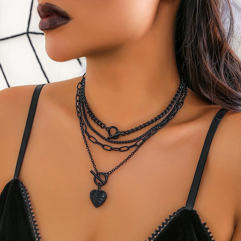 GIGB PBDK Layered Necklaces for Women Stackable Gothic Heart Coin Pendant Necklaces Adjustable Hip Hop Paperclip Cuban OT Clasp Choker Trendy Jewelry Gifts