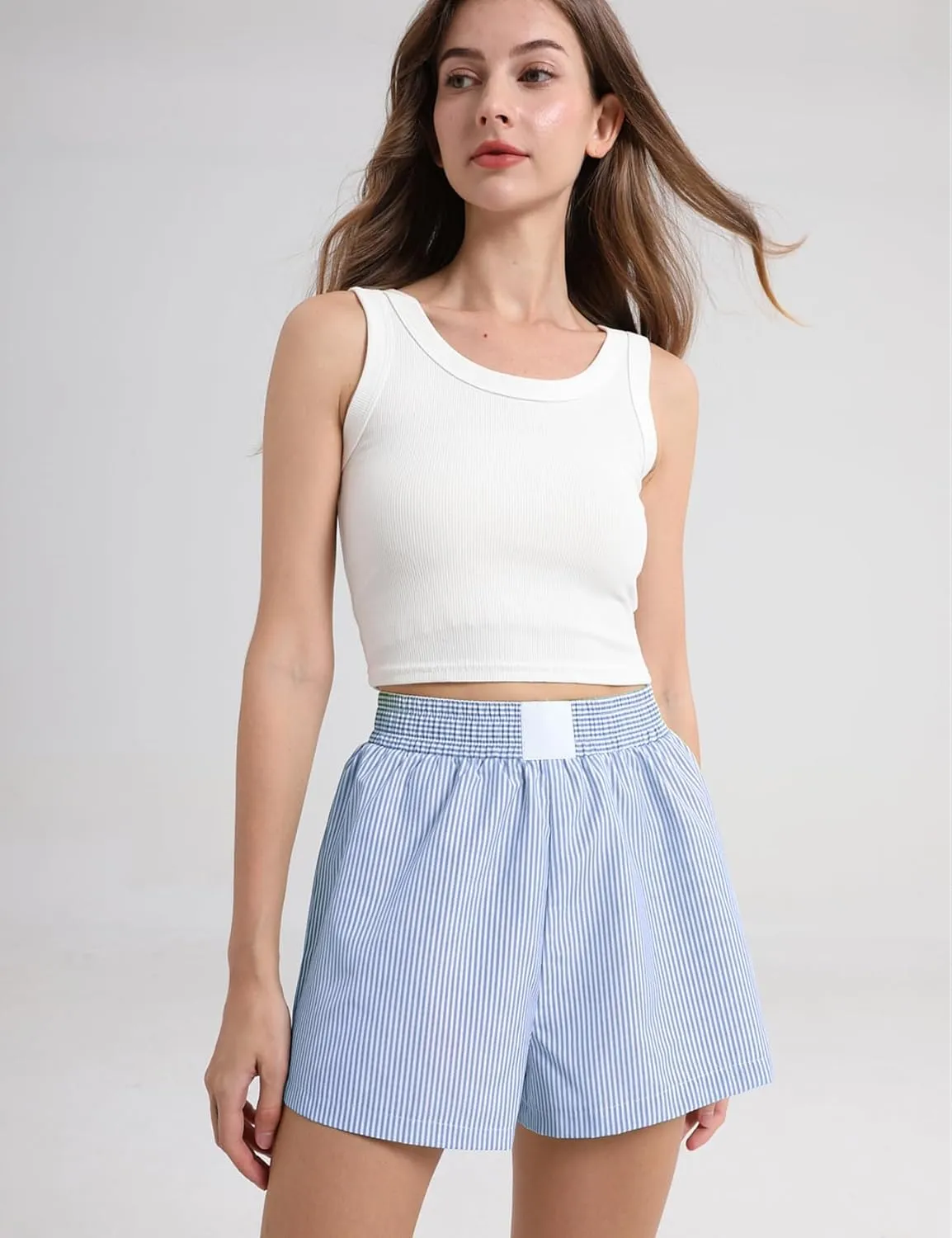Gihuo Women's Striped Shorts Elastic High Waisted Boxer Shorts Cute Stripe Sleep Lounge Shorts Y2k Summer Casual Shorts