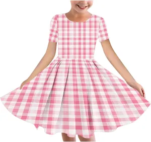 Girls Summer Flower Printed Ballet Dress Short Sleeve Round Neck Pleated Floral Print Beach Sundress Swing Dresses