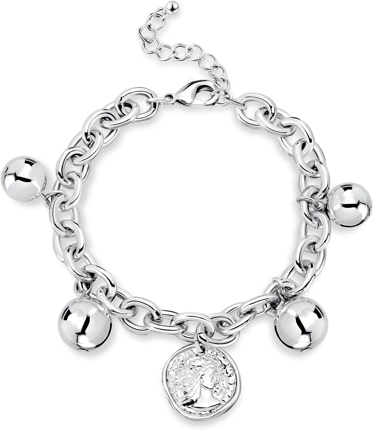 Gold Chunky Charm Bracelet Women:14k Gold Plated Toggle Clasp Ball Coin Round Medallion Simple Trendy Stackable Fashion Dainty Link Chain Birthday