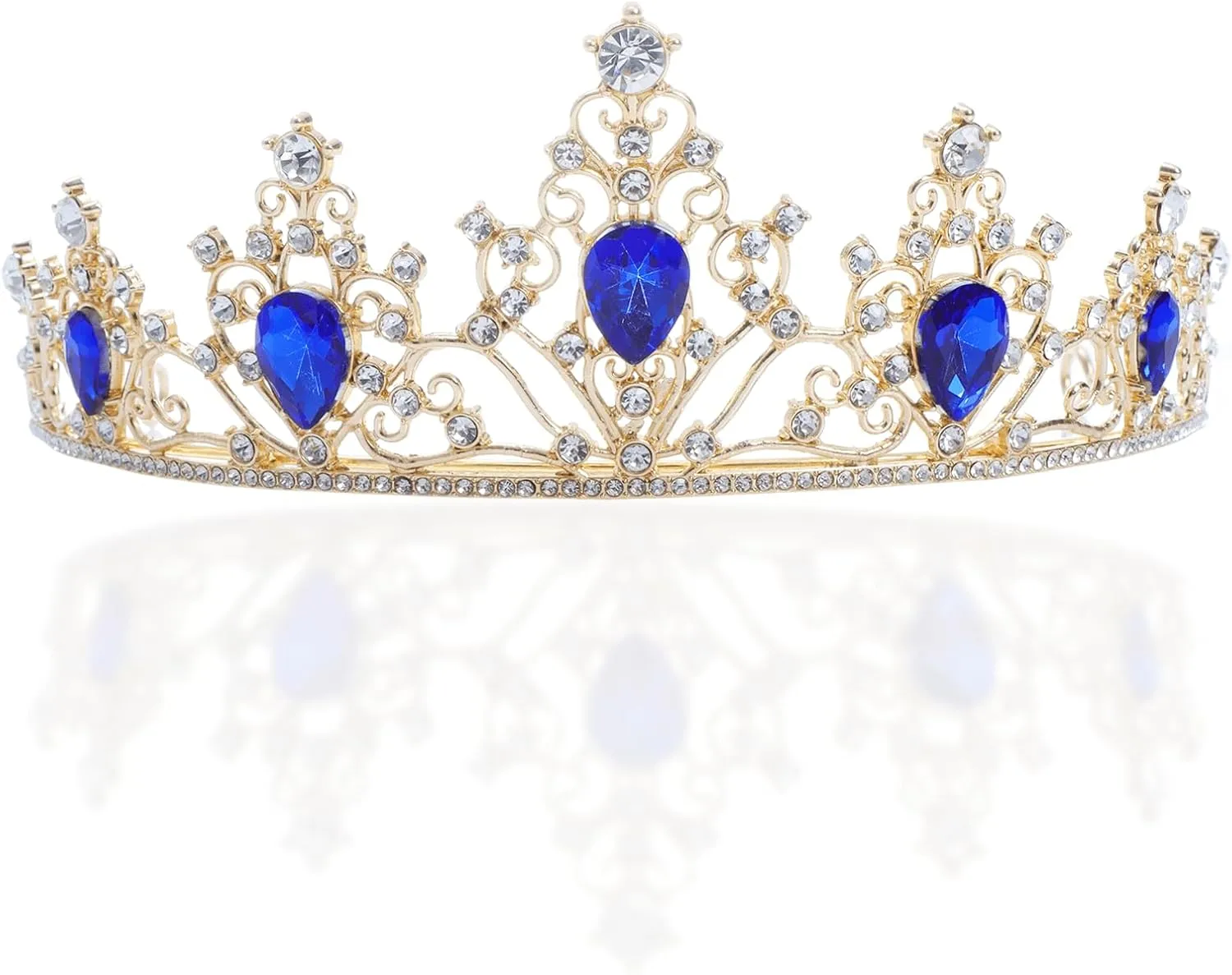 Gold Tiara Crown Crystal Blue Rhinestone Tiara Princess Bride Headband for Wedding, Birthday, Pageant, Party, Blue,Gold