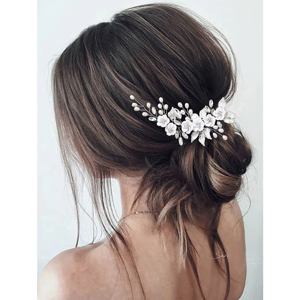 GORAIS Flower Bride Wedding Hair Vine Silver Crystal Bridal Hair Pieces Leaf Headband Hair Accessories for Women and Girls